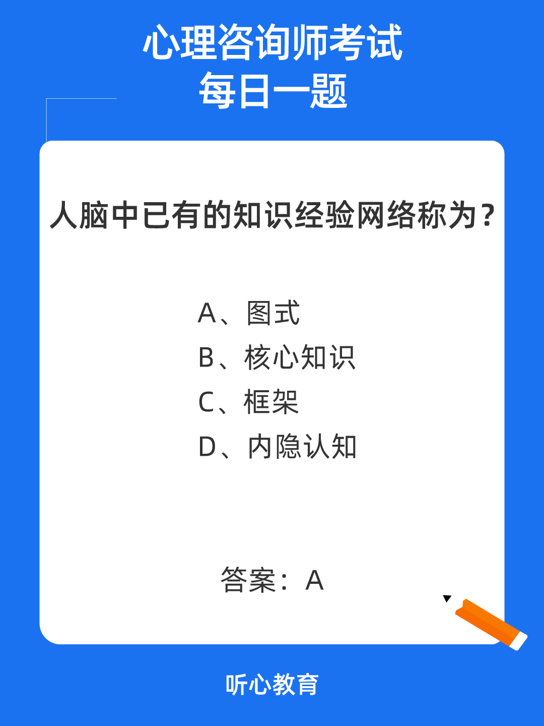 心理咨询师考试题库|人脑中已有的知识经验网络称为?